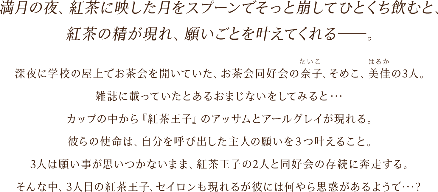 「満月の夜、紅茶に映した月をスプーンでそっと崩してひとくち飲むと、紅茶の精が現れ、願いごとを叶えてくれる――。」
深夜に学校の屋上でお茶会を開いていた、お茶会同好会の奈子(たいこ)、そめこ、美佳(はるか)の3人。
雑誌に載っていたとあるおまじないをしてみると・・・カップの中から『紅茶王子』のアッサムとアールグレイが現れる。
彼らの使命は、自分を呼び出した主人の願いを3つ叶えること。
3人は願い事が思いつかないまま、紅茶王子の2人と同好会の存続に奔走する。
そんな中、3人目の紅茶王子、セイロンも現れるが彼には何やら思惑があるようで・・・?